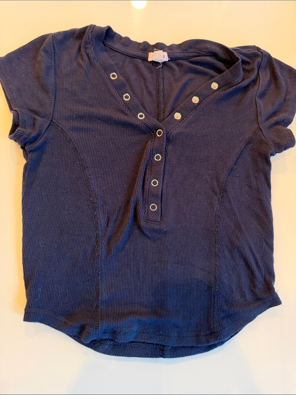 Garage Navy Short Sleeve Snap Henley Top